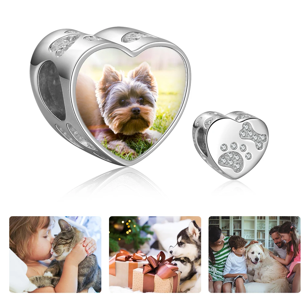 Индивидуальные фото сердце бусины с кубическим цирконием Pet Paw& Bon талисманы подходят браслет персонализированные ювелирные изделия подарок(JewelOra as1080