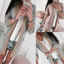 Новые женские модные свободные эластичные длинные кардиганы свитера женские с длинным рукавом Slim Fit повседневные вязанные карманы свитер пальто