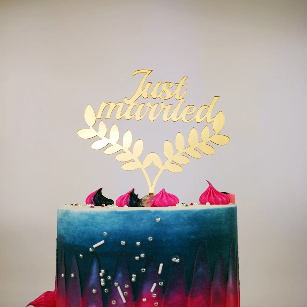 Just Married with Leaves Wedding Cake Topper Romantic Decor Bride and groom Party Supplies | Дом и сад