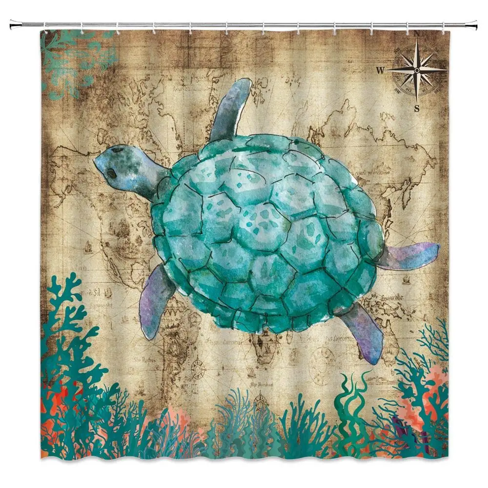 

Sea Turtle Shower Curtain Ocean Creature Retro Nautical Old Map Compass Tropical Marine Life Teal Coral Seaweed Vintage Beach
