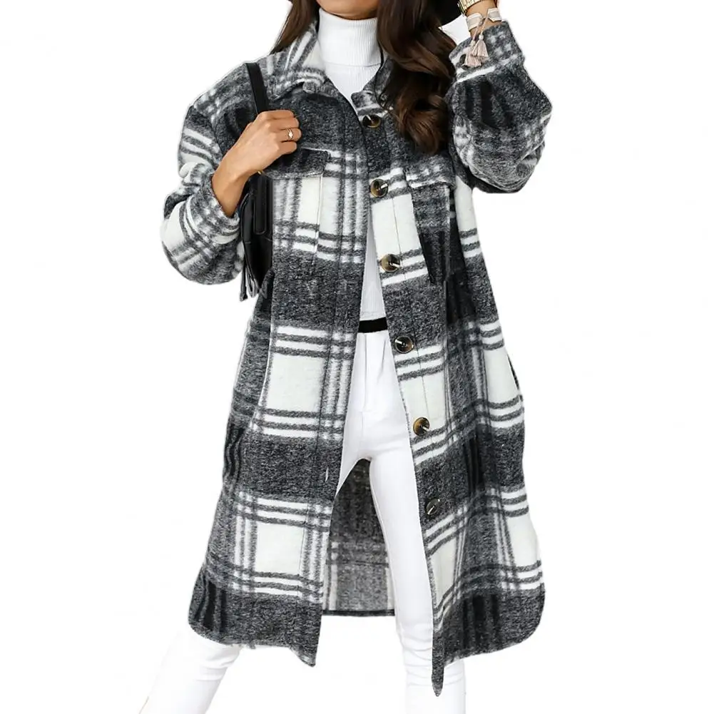 Ladies Long Coat Autumn Spring Women Plaid Buttons Long Sleeve Lapel Jacket Knee-length Overcoat Woman Clothing 1