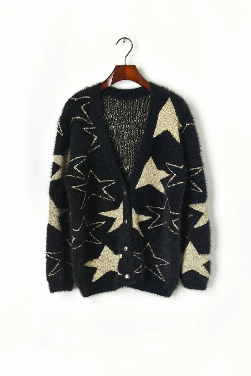 Взлетно-посадочной полосы Для женщин свитер, кардиган, большого размера осень-зима теплые звезды искусственная норка Трикотаж Пальто с v-образным вырезом Однобортный верхняя одежда