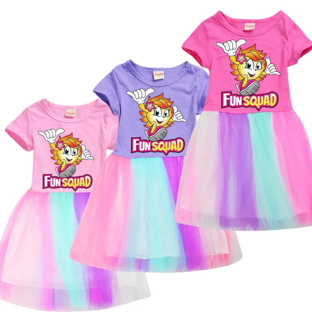 

FunSquad Children Girls Rainbow Lace Dress 2021 Cotton Summer Girl Elegant Vestidos Para School Kids Dresses 4 6 8 10 12 Years