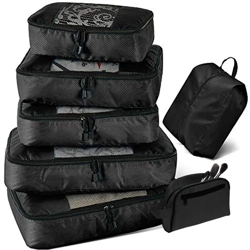 Black 5 Pcs 2 Упаковочные кубики, органайзер для багажа, водонепроницаемый, двойная молния, для мужчин и женщин, дорожная сумка, органайзер для ручной клади, нейлоновая дорожная сумка - Цвет: Black 5 Pcs 2
