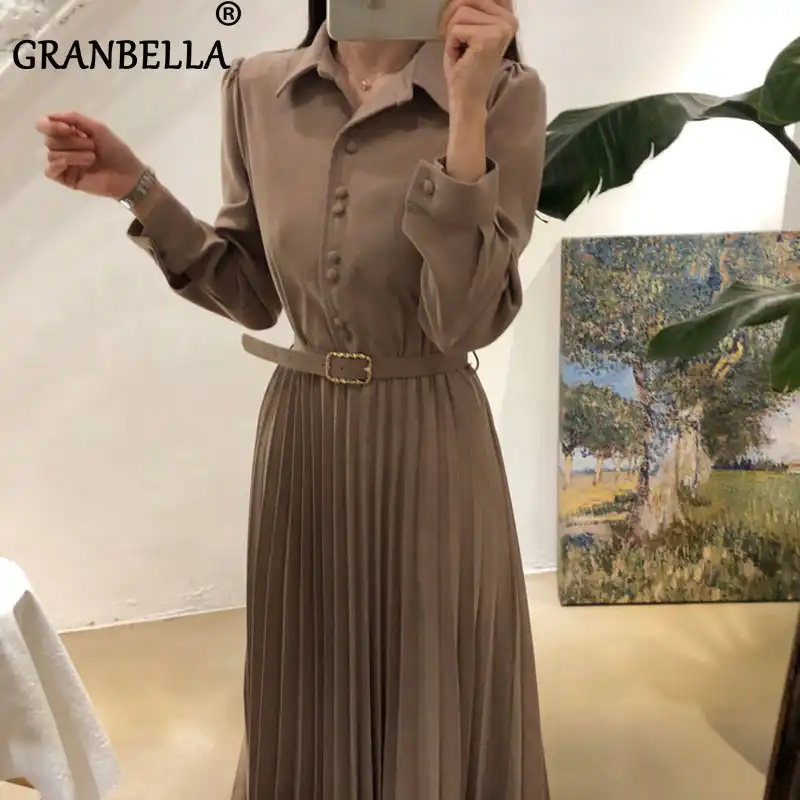 Elegant Frilled Pleated Fit & Flare Dress With Belt Lapel Collar Long  Dresses For Women Summer Autumn Long Sleeve Women Dresses|Dresses| -  AliExpress