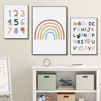 

ABC Poster Alphabet Number Posters And Prints Rainbow Canvas Print Baby Nursery Wall Art Educational Painting Decorative Picture