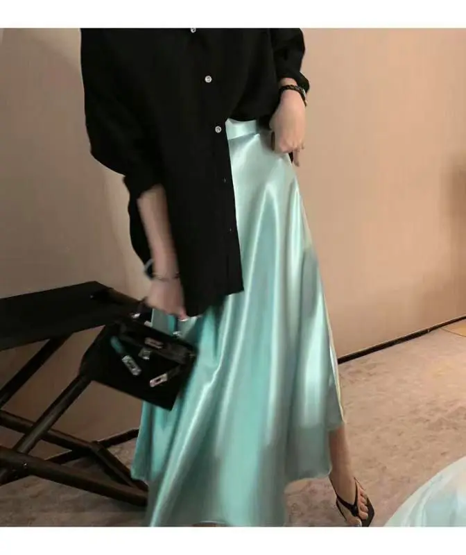 HOUZHOU Vintage Elegant Satin Skirt Women Temperament Luster High Waist A-line Midi Long Skirt Summer Solid Loose Korean Fashion HOUZHOU Vintage Elegant Satin Skirt Women Temperament Luster High Waist A-line Midi Long Skirt Summer Solid Loose Korean Fashion