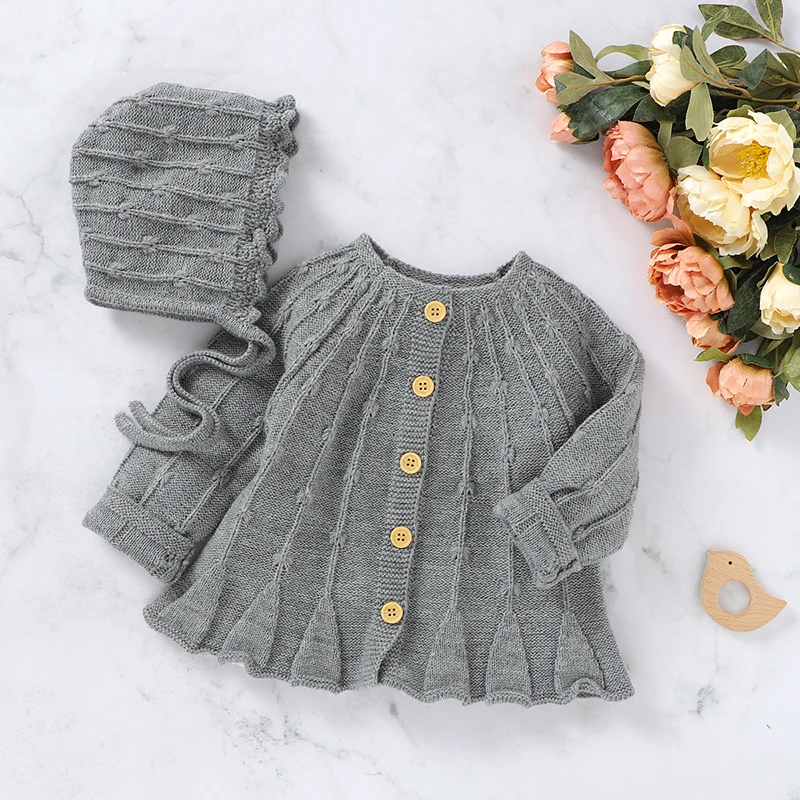 New Spring Autumn Baby Boys Girls Pure Color Knit Jacket + Hat Infant Kids Boy Girl Long Sleeve Cardigan Coat Clothing
