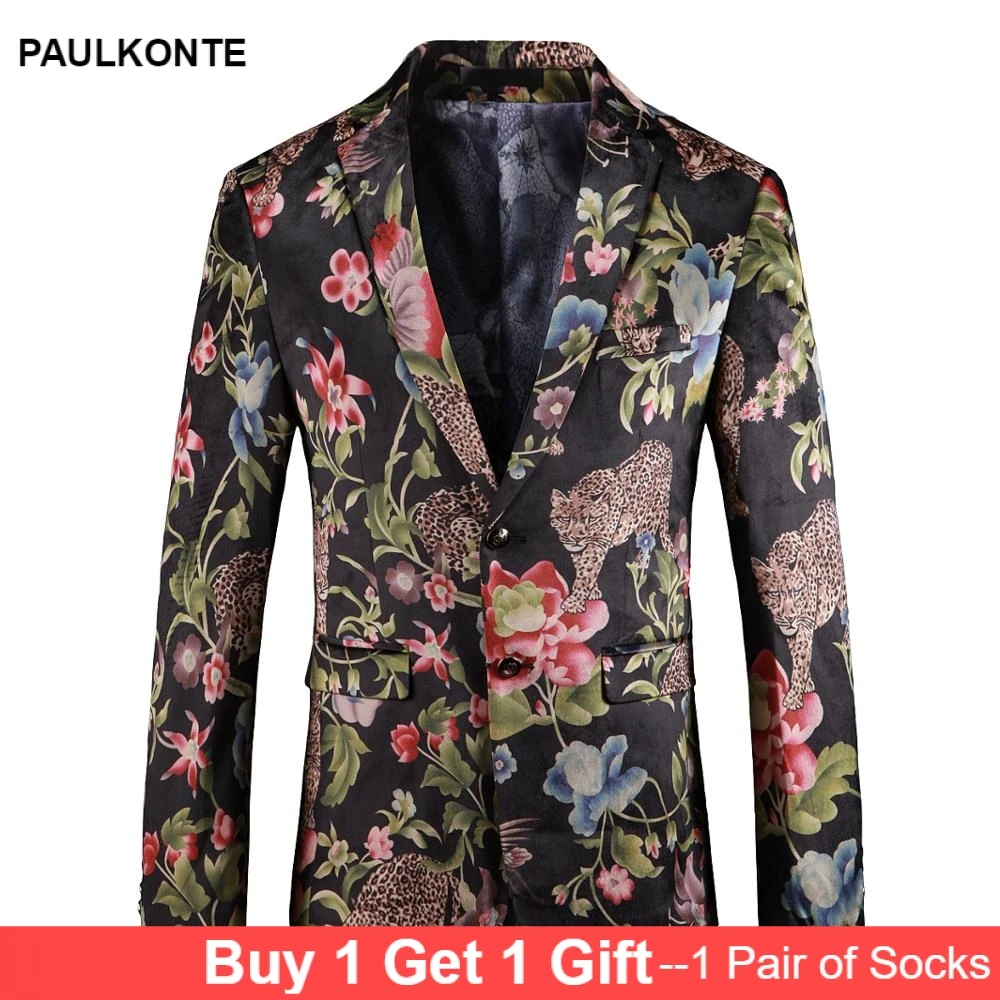 PAULKONTE 2019 New Flower Print Jacket For Men Suit Top Fashion High Quality Nightclub Wedding Mostly Male Blazer Man'S Jacket