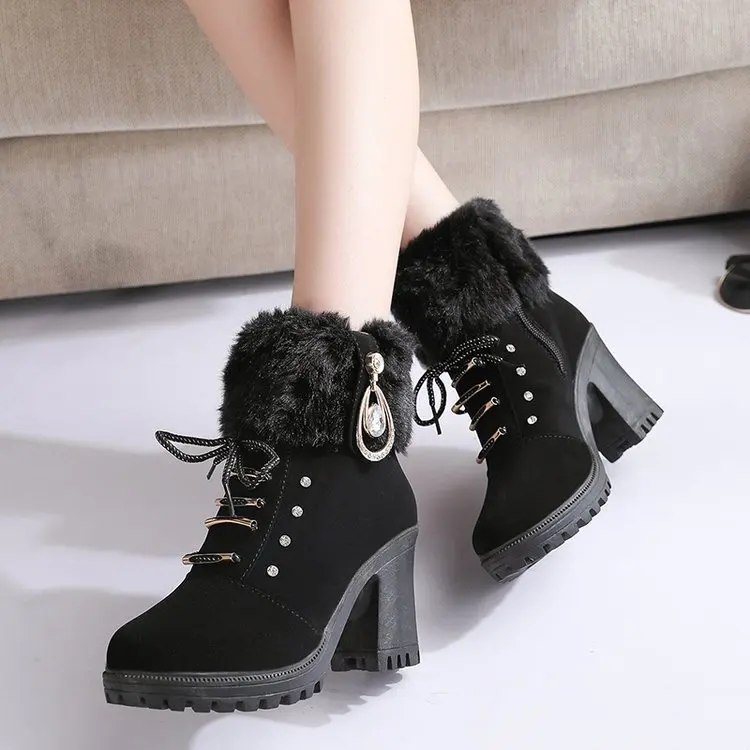 Ankle Boots Women Warm Plush Snow Booties Winter Boot Lace Up Crystal
Design Woman Fashion Shoes High Square Heels Botas 698