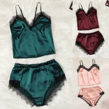 Sexy Lingerie Women Sleepwear Satin Lace Silk V-Neck Camisole Shorts Set Sleepwear Pajamas Lingerie пижама ночнушка