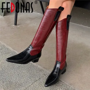 

FEDONAS Mixed Colors Knee High Boots For Women Wide Zipper Thick Heels Shoe Woman Heels 2020 Fall Genuine Leather High Boots