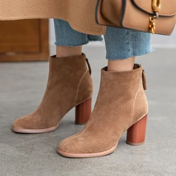

Real Leather Snow Boots Women Cow Suede Shoes Woman Ankle Boots Zipper Round Toe High Heels Shoes Lady Autumn Winter Boots 34-39