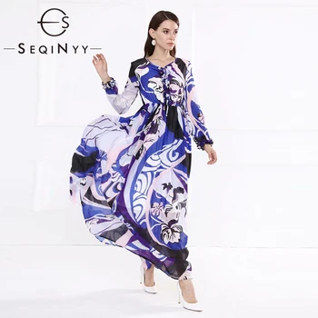 

SEQINYY Elegant Maxi Dress 2020 Summer Spring New Fashion Design Women Long Sleeve Blue Bohemia Print Chiffon Dress
