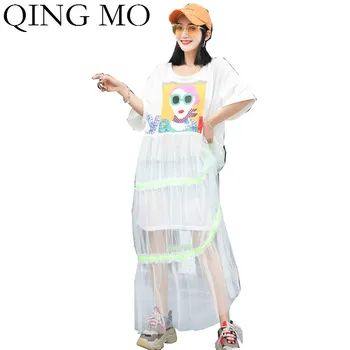 

QING MO Black White Women Slim Dress 2020 Summer Women Cartoon Printed Dress Female Mesh Patchwork Dress ZQY3519