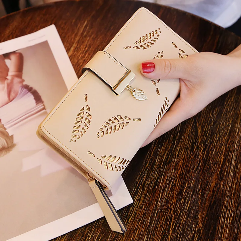 Women's Hollow Golden Leaf Buckle Wallet Female Long Zipper Coin Purses Ladies Multifunction Card Holder Clutch Money Bag