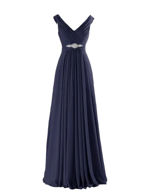 A Line Chiffon V Neck Crystals Eegant Off-Shoulder Formal Prom Wedding Party Bridesmaid Dresses Robe De Soiree Zipper Back Navy Blue