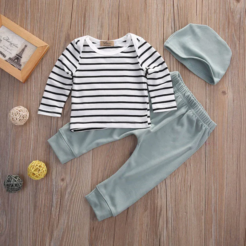 Весенне-осенняя одежда для маленьких мальчиков, повседневные комплекты одежды для отдыха в полоску из 3 предметов(шапка+ футболка+ штаны), комплекты одежды для маленьких мальчиков