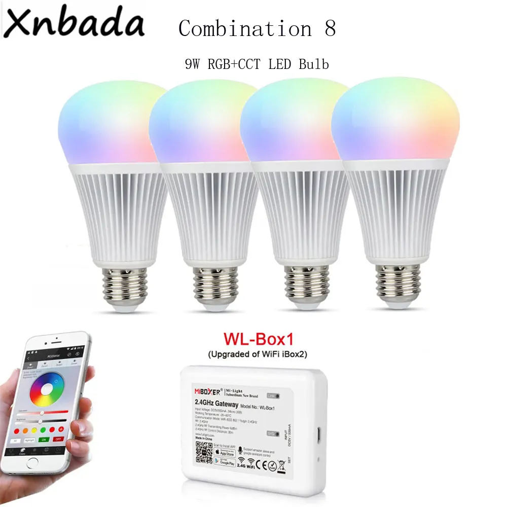 Milight светодиодные лампы 9W RGBCCT+ WL-Box1 светодиодный контроллер DC5V+ 2,4G B4/T4 4-Зона RGB+ CCT сенсорный Панель пульт дистанционного управления