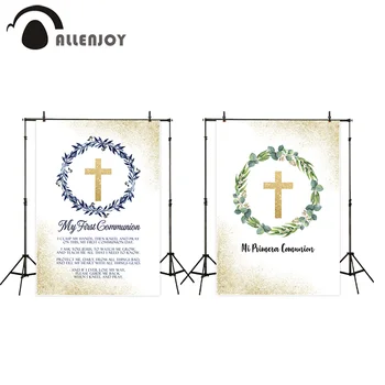

Allenjoy Leaves Backdrop Glitter Golden Sequins Cross Wreath My First Communion Banner Kid Even Party Wall Decor Photobooth