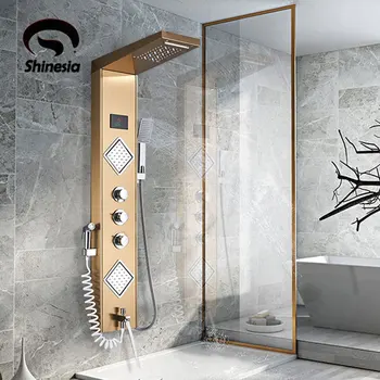 

Stainless Steel Waterfall Rain Shower Panel W/ Massage System Tub Spout W/ Handshower Shower Column Gold or burshed black