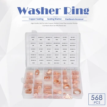 

High Quality 568 Pcs Solid Copper Washers Sump Plug Assorted Washer Car Plastic Rivet Set With Plastic Box