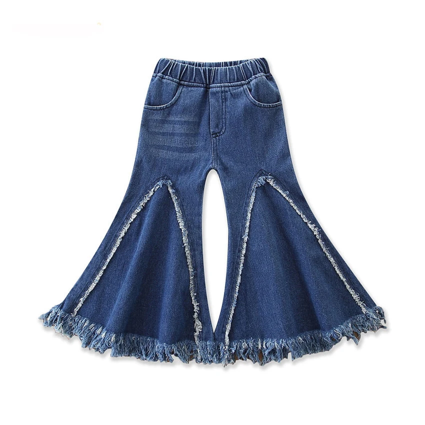 Джинсовые штаны для маленьких девочек с кружевной отделкой, кисточками и рюшами, расклешенные штаны милые модные детские винтажные расклешенные брюки