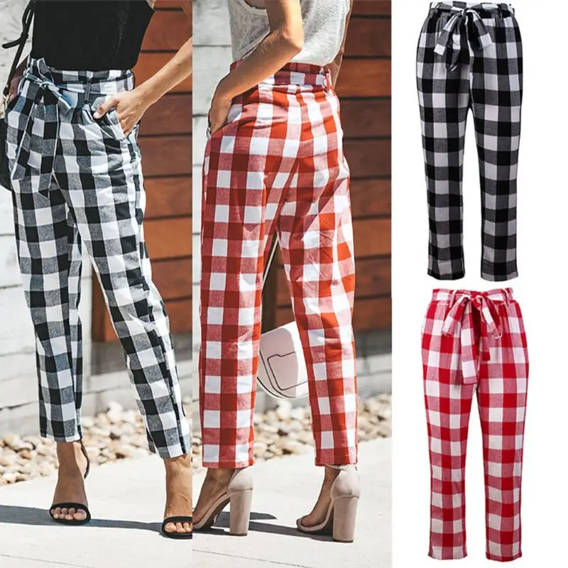 

Women Ladies Personality Check Plaid High Waist Slimming Casual Long Drainpipe Cigarette Pants.