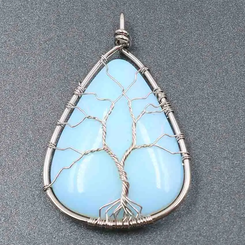 Opalite Opal FYJS уникальные опаловые ювелирные изделия Посеребренная проволока обертывание Дерево жизни капли воды камень аметист кулон - Окраска металла: Opalite Opal