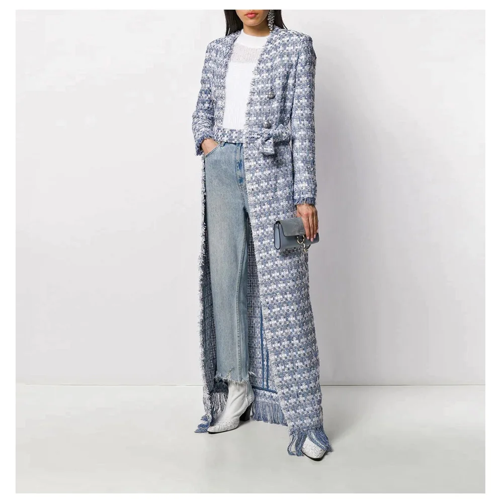 Autumn Winter Coat Women Double Breasted Tassel Tweed Coat Plaid Tweed X-Long Top Coats Belt Elegant Overcoat