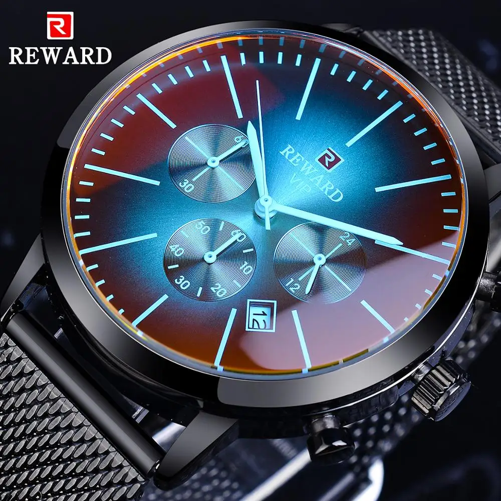 REWARD Black Stainless Steel Mesh Band Symphony Glass Design Three Dial Calendar Display Men Quartz Wrist Watch Top Brand Luxury ремешок deppa band mesh 42mm лавандовый 47148