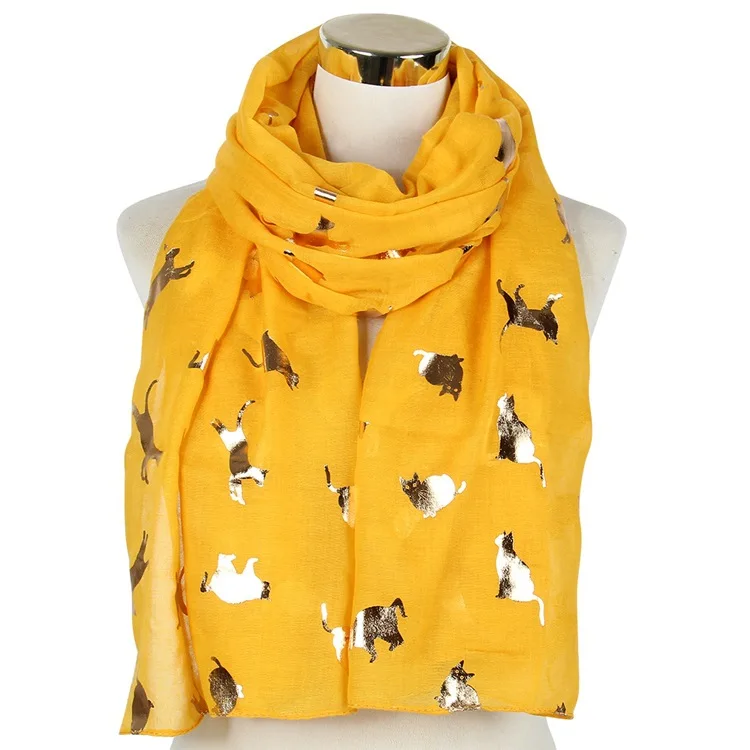 Дизайн черный, белый, серый фольга Золото Блестящий Кот шарфы женские животные печати шали из вискозы шарф, стола