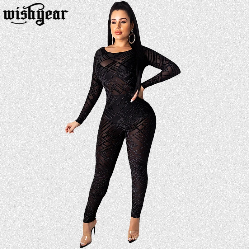 

Sexy Black Sheer Mesh Patchwork Jumpsuit Women See Through Open Back Skinny Leggings One Piece Christmas Club Party Overalls
