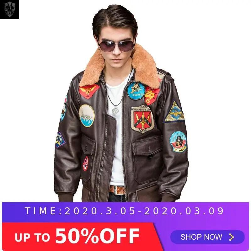 

2020 Brown Men Military Pilot Leather Jacket Europe Size XXL Genuine Thick Cowhide TOP GUN Aviator Leather Coat FREE SHIPPING