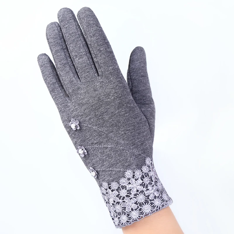 Elifashion новые женские теплые Solft перчатки сенсорный экран варежки толстые плюшевые наручные короткие бархатные женские маленькие цветочные кружевные перчатки для вождения - Цвет: grey