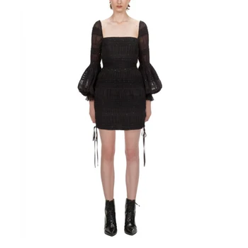 

Self Portrait 2020 Spring New Lantern Sleeve Square Collar Mini Dress Womens Black Sexy Backless High Waist Slim Party Dresses