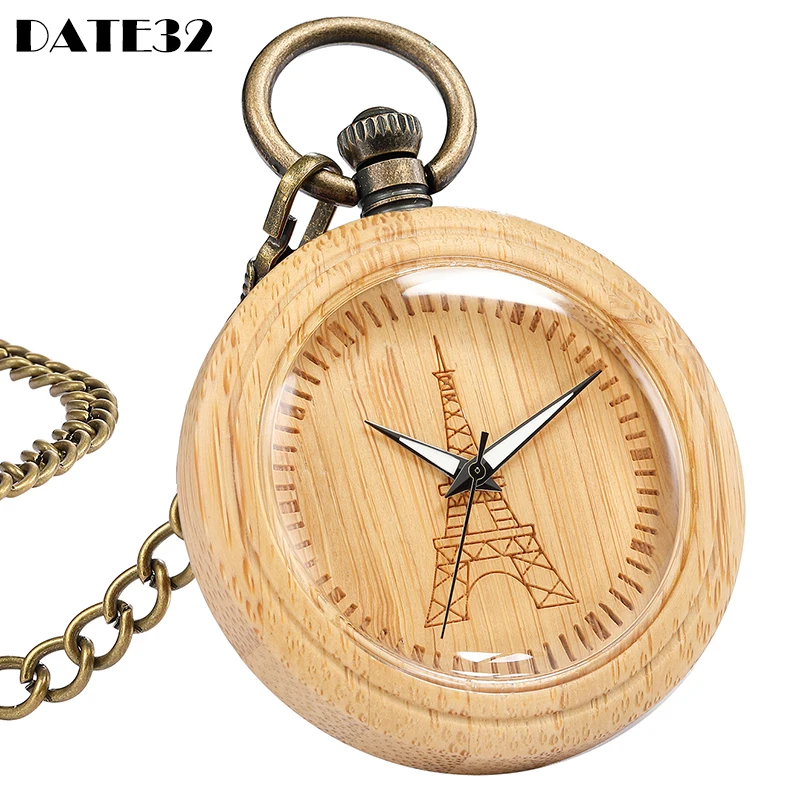 Wooden Pendant Quartz Pocket Watch Natural Real Bamboo Paris Eiffel Tower Fob Chain Clock for Men Women Birthday Collection Gift | Наручные