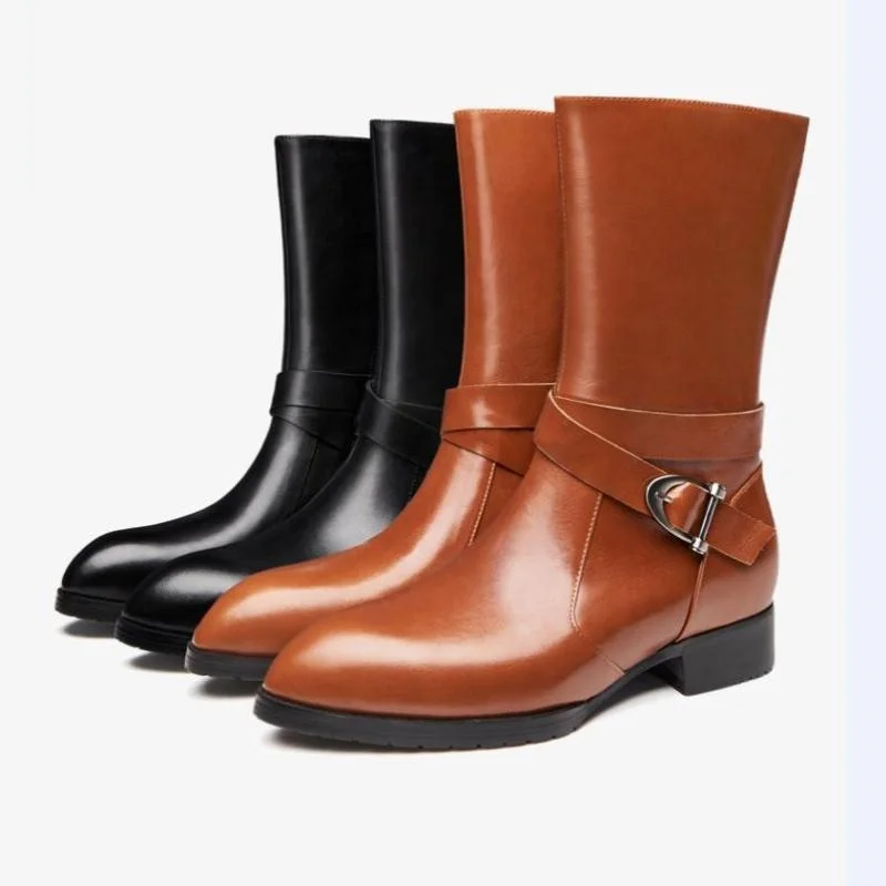 

Autumn Winter Genuine Leather Martin Long Boots Men Business Office Work Dress Boots Fashion Trendy Pointed Toe Buckle Zip Boots