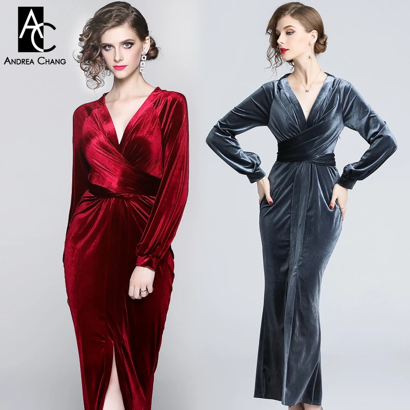 

S-XXL autumn winter woman dress black gray wine red velvet dress v-neck front split bottom fashion vintage ankle length dress