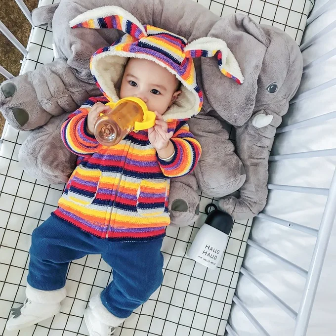 Mini Babe City Clothes for Babies Color Stripes Hooded Kids' Overcoat Long Sleeve plus Velvet Cardigan Winter Baby out Clothes