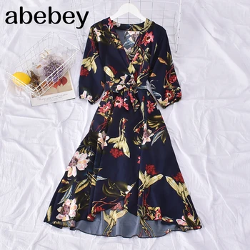 

2020 Vintage Slim V Neck spring Autumn Floral Print Midi Long Irregular Bandage Dress Women 3/4 Sleeve High Waist elegant dress