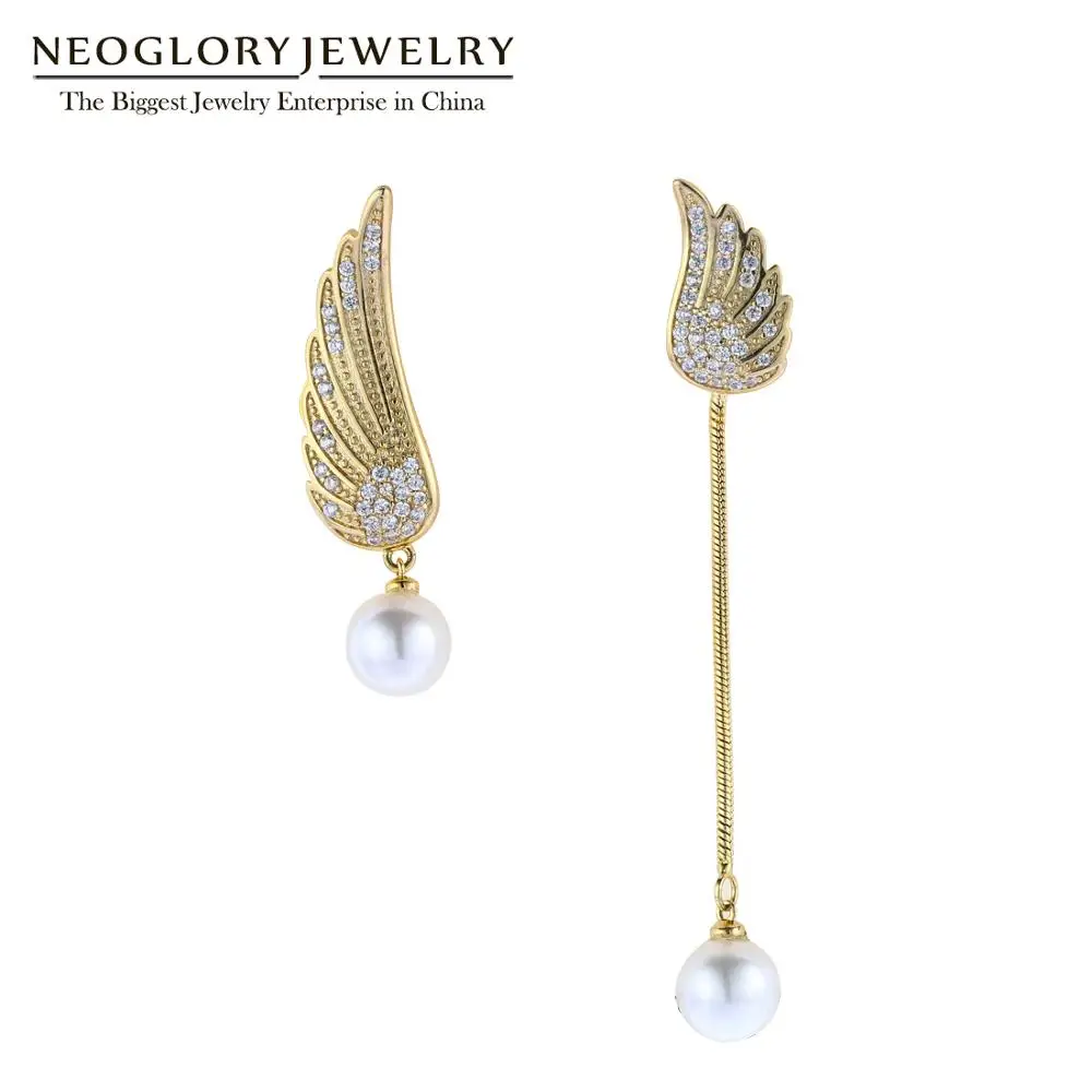 

NEOGLORY White Angel Wing Long Asymmetry Drop Earrings For Women Statementn High Quality Accessories For Party Christmas