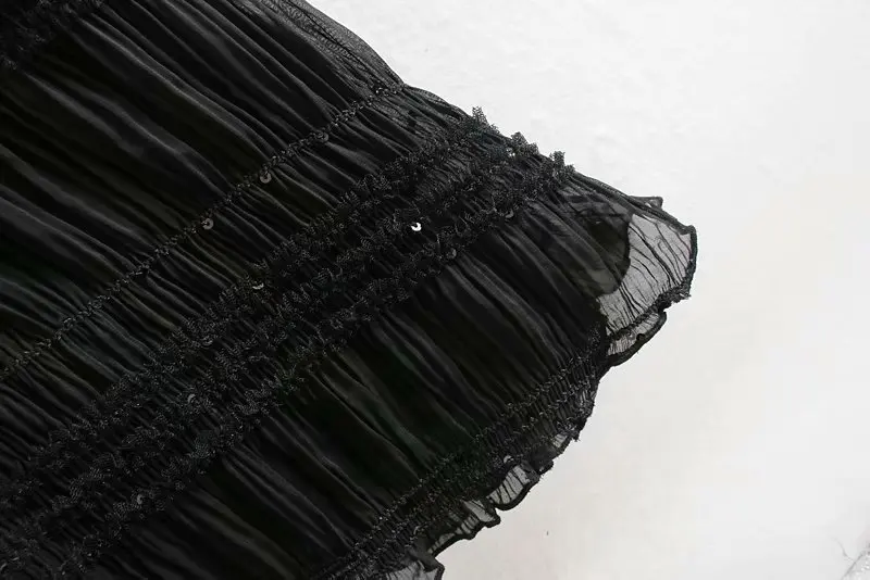Черное шифоновое платье для женщин, с длинным рукавом, с пайетками, платье для вечеринок, со складками, с оборками, с подолом