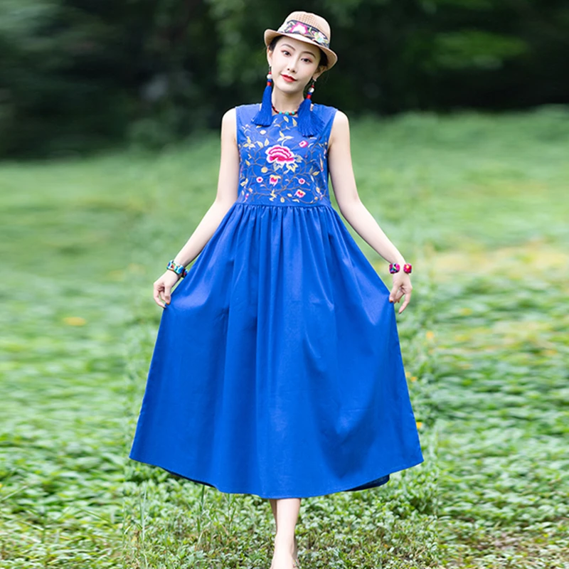 KYQIAO vestidos de fiesta de noche синее платье женское зимнее богемное платье с квадратным воротником без рукавов с вышивкой ropa mujer