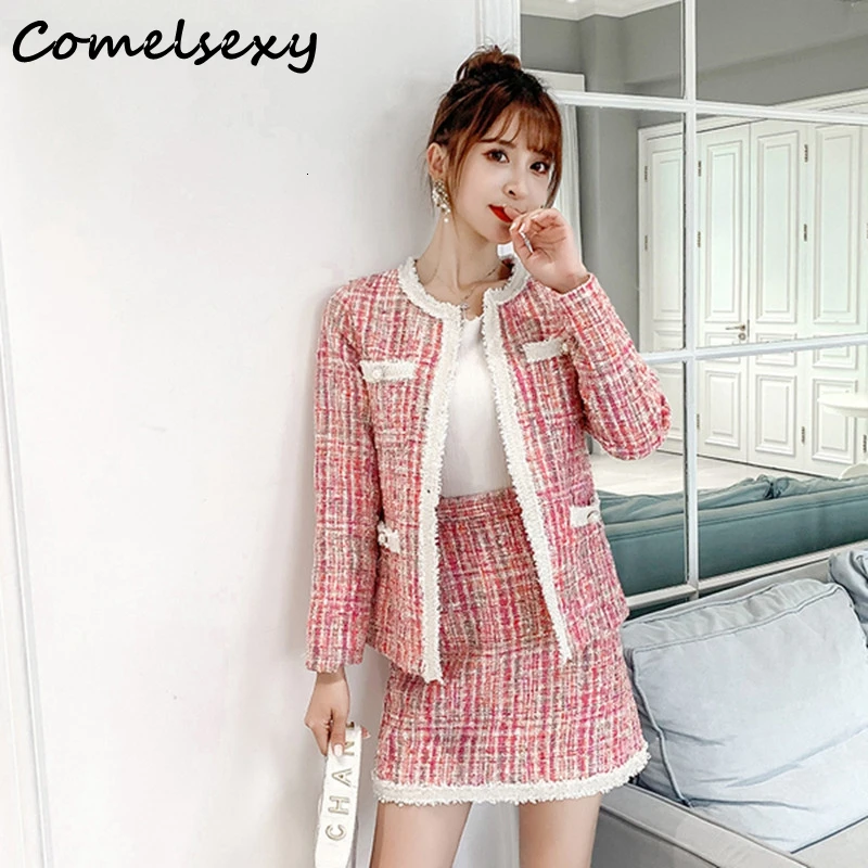 

Early Winter Autumn 2019 New Woman Coloured Lace-in Elegant Long Sleeve Pocket Short Cardigan+ Mini Skirt Suit Lady Clothing