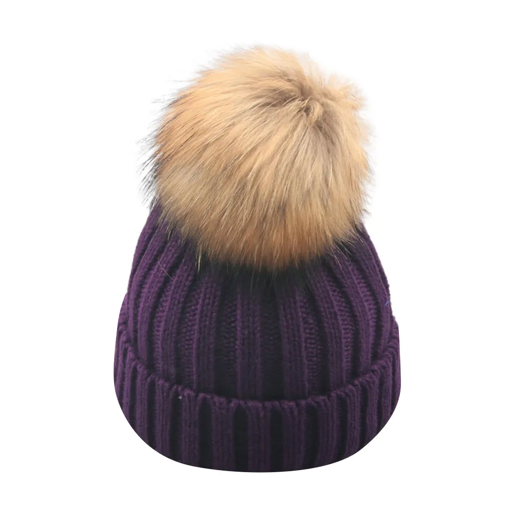 Шапка-бини Женская плюшевая хвостик, хлопковые шерстяные шапки в стиле бини, однотонная вязаная кепка для улицы, женская зимняя шапка - Цвет: Purple