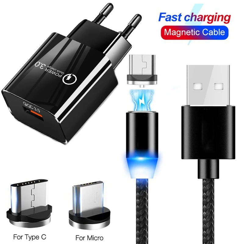 

QC 3.0 USB Charger Magnetic USB Cable For Samsung A50 A70 S10 Plus Xiaomi 8 9 Huawei 8A 8C 8S Wall Mobile Phone Fast Charger