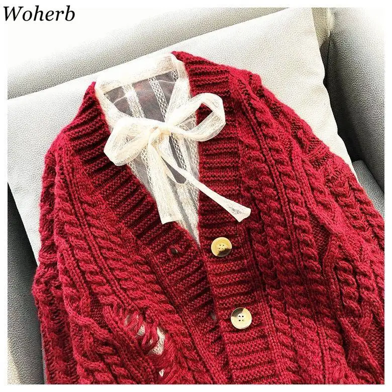 Woherb свитер со жгутами женский однотонный кардиган с v-образным вырезом однобортный рваный трикотаж винтажный Повседневный СВОБОДНЫЙ Модный 91022