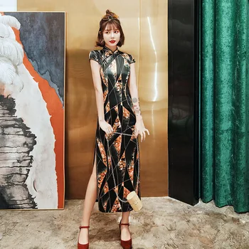 

Multi Print Women Cheongsam High Split Sexy Rayon Qipao Vestidso Evening Party Gown Elegant Mandarin Collar Chinese Dress
