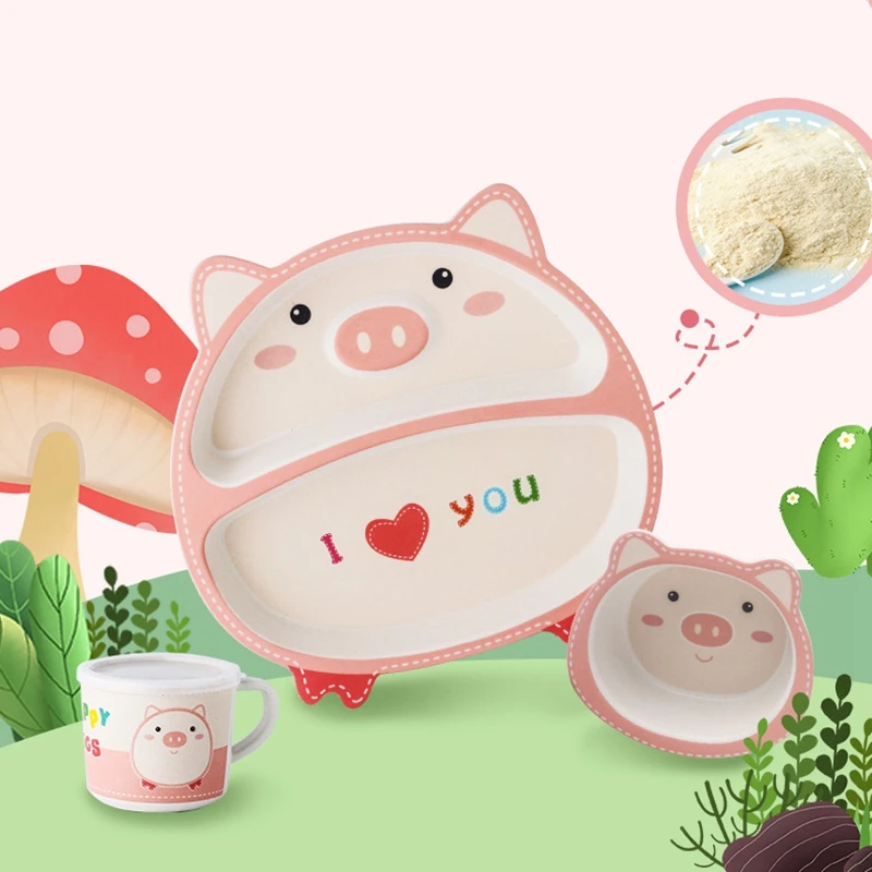 HOT 5-Piece Baby Cutlery Set Bamboo Fiber Cute Cartoon Children Feeding Tableware